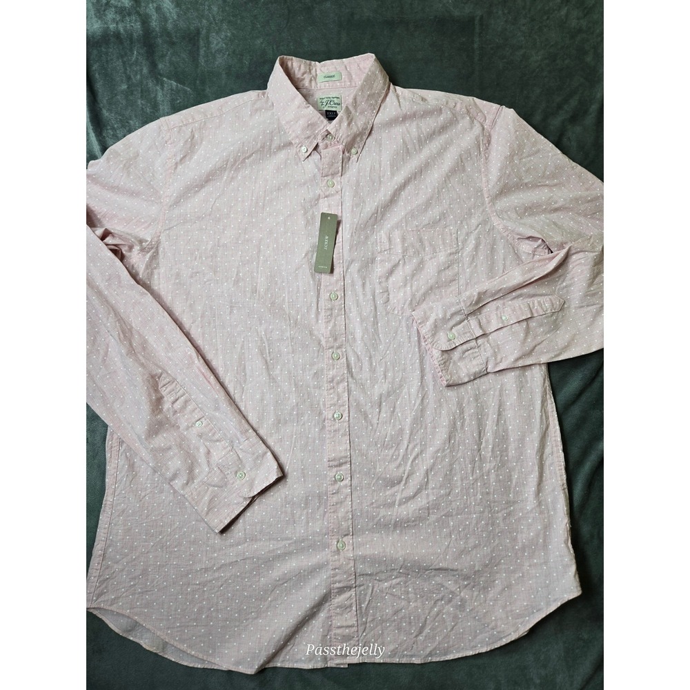 J. Crew Shirt Mens 2XLT Secret Wash Slim Untucked Pink Polka Dot Beach Cruise
